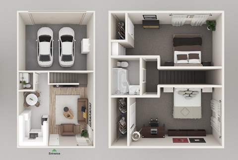 Floor plan for 2 beds, 1.5 baths, 860 sqft